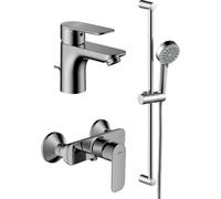 HANSA Basic - Juego de ducha (grifo de ducha, grifo y juego de ducha) | Juego completo de baño con grifo de lavabo, grifo de ducha y juego de ducha en cromo para baño moderno