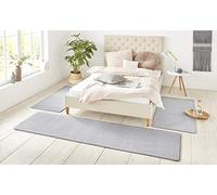 Hanse Home Nasty Alfombra para borde de la cama, 3 piezas, alfombra de cama de pelo corto, color liso, juego de corredores para habitación de los niños, dormitorio, color plateado, 2 x 70 x 140 cm y 1