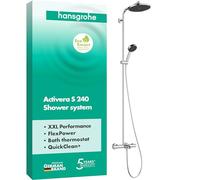 hansgrohe Activera S - sistema de ducha ahorro de agua (EcoSmart) con termostato para bañera, ducha lluvia (240 mm) con grifo bañera, ducha de mano, flexo, barra, ducha fija redonda, cromo, 28871000
