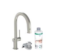 hansgrohe Aqittura M91 grifería de cocina, set de inicio, Filtersystem 210, extensible hasta 50 cm, 1jet, 76801800, Color: acero inoxidable pulido
