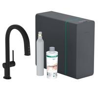 hansgrohe Aqittura M91 grifería de cocina, set de inicio, Sodasystem 210, extensible hasta 76cm, 1jet, sBox, 76806670, Color: negro mate