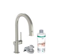 hansgrohe Aqittura M91 grifería de cocina, set de inicio, Filtersystem 210, extensible hasta 50 cm, 1jet, 76801800, Color: acero inoxidable pulido