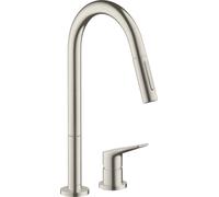 hansgrohe AXOR Citterio M DN 15 Mezclador de cocina monomando de 2 agujeros 220 con pulverizador extraíble, 34822800, Color: Acabado en acero inoxidable