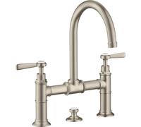 hansgrohe AXOR Montreux Mezclador de lavabo de 2 manijas 220, juego de desagüe, manijas de palanca, proyección de 175mm, 16511820, Color: Níquel Cepillado