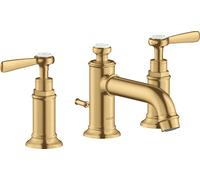 hansgrohe AXOR MONTREUX Mezclador de lavabo de 3 agujeros 30, juego de desagüe, tiradores de palanca, proyección de 142 mm, 16535250, Color: Óptica de oro cepillado
