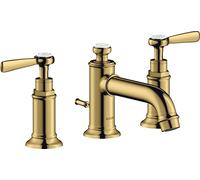 hansgrohe AXOR MONTREUX Mezclador de lavabo de 3 agujeros 30, juego de desagüe, tiradores de palanca, proyección de 142 mm, 16535990, Color: Óptica Oro Pulido
