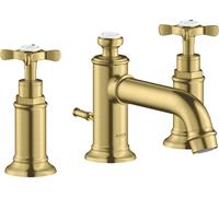 hansgrohe AXOR MONTREUX Mezclador de lavabo de 3 agujeros 30, juego de desagüe, voladizo de 142 mm, 16536950, Color: Latón cepillado
