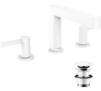 hansgrohe Finoris Grifería de lavabo de 3 agujeros 110 con juego de desagüe PUSH, alcance 169 mm, 76033700, Color: blanco mate