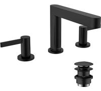 hansgrohe Finoris Grifería de lavabo de 3 agujeros 110 con juego de desagüe PUSH, alcance 169 mm, 76033670, Color: negro mate