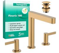 hansgrohe Finoris - grifo lavabo de 3 agujeros con vaciador Push-Open, grifo monomando lavabo, altura del caño 169 mm, max. 5 l/min (EcoSmart), bronce cepillado, 76034140
