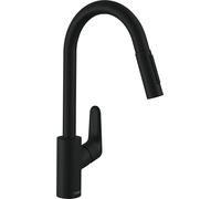 hansgrohe Focus M41 - grifo de cocina con ducha extraíble, 2 tipos de chorro, mezclador monomando cocina 240 mm, grifo cocina fregadero con caño giratorio, negro mate, 31815670