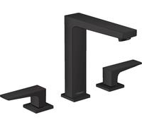 hansgrohe Metropol mezclador de lavabo de 3 agujeros 160, manijas de palanca, residuos de empuje abierto, proyección 152mm, 32515670, Color: negro mate
