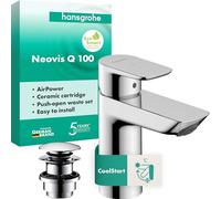 hansgrohe Neovis Q 71357000 - Grifo de lavabo con desagüe push open de metal, ahorro de energía (CoolStart), grifo de baño con caño altura 96 mm, grifo mezclador de ahorro de agua (EcoSmart), cromado