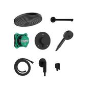 hansgrohe Pulsify S - conjunto de ducha empotrado, set completo (8 en 1) con termostato empotrado, set básico iBox universal 2, ducha fija, alcachofa de ducha y flexo 160 cm, negro mate, 24624670