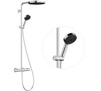hansgrohe Pulsify S Puro - sistema de ducha ahorro de agua (EcoSmart) con termostato, ducha lluvia (260 mm) con grifo, ducha de mano (3 chorros), flexo, barra, ducha fija redonda, cromo, 24237000