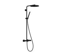 hansgrohe Pulsify S Puro - sistema de ducha ahorro de agua (EcoSmart) con termostato, ducha lluvia (260 mm) con grifo, ducha de mano, flexo ducha, barra y ducha fija redonda, negro mate, 24223670