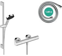 hansgrohe Pulsify Select S - set de ducha ahorro de agua con termostato Ecostat Element, termostato con ducha de mano 8,2 l/min (EcoSmart), barra 65cm, flexo et soporte, cromo, 24272000