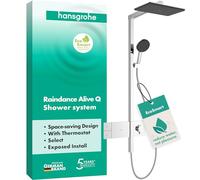 hansgrohe Raindance Alive Q - sistema de ducha ahorro de agua (EcoSmart) con termostato, ducha lluvia (340 x 210 mm) con grifo, ducha de mano, flexo, barra, ducha fija, cromo, 24581000