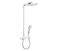 hansgrohe Raindance Select E - sistema de ducha con termostato, ducha lluvia (300 x 190mm) con grifo, ducha de mano (3 tipos de chorro), flexo, barra, ducha fija rectangular, cromo, 27127400