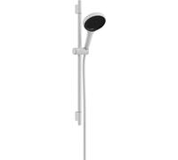 hansgrohe Rainfinity, set de ducha ahorro de agua, ducha de mano (EcoSmart) con barra ducha 65cm, soporte ducha y Designflex flexo textil de ducha 160cm, 3 tipos de chorro, blanco mate