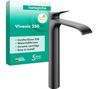 hansgrohe Vivenis 75042340 - Grifo para lavabo sin desagüe, grifo de baño con caño altura 250 mm, grifo mezclador para lavabo de ahorro de agua (EcoSmart), color negro cepillado