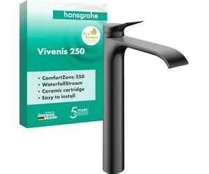 hansgrohe Vivenis 75042340 - Grifo para lavabo sin desagüe, grifo de baño con caño altura 250 mm, grifo mezclador para lavabo de ahorro de agua (EcoSmart), color negro cepillado