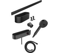 hansgrohe WallStoris - Juego de accesorios para el baño sin perforación 7 piezas, con cabezal de ducha ahorro de agua, mezclador termostático de ducha y accesorios, color negro mate, 24250670