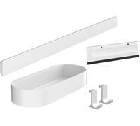 Hansgrohe WallStoris - Set de Accesorios para Ducha y Baño Sin Taladro, 4 Piezas: Barra Mural, Cesta, Limpiacristales, Percha - Blanco Mate, 27967700