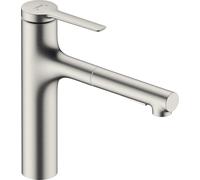 hansgrohe Zesis Mezclador monomando de cocina ComfortZone 160, ducha extraíble, 2 tipos de chorro, caja de mangueras (sBox) lite, proyección 231 mm, 74804800, Color: Acabado en acero inoxidable