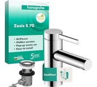 hansgrohe Zesis S 74714000 - Grifo de lavabo con desagüe de tirador de metal, ahorro de energía (CoolStart), grifo de baño con altura de caño 74 mm, ahorro de agua (EcoSmart+)
