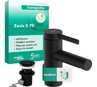 hansgrohe Zesis S 74714670 - Grifo de lavabo con desagüe de tirador de metal, ahorro de energía (CoolStart), altura de caño 74 mm, ahorro de agua (EcoSmart+), color negro mate