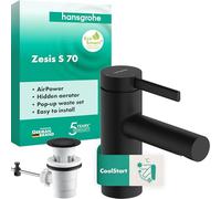 hansgrohe Zesis S - grifo lavabo con vaciador automático, ahorro de energía (CoolStart), grifo monomando lavabo, altura del caño 74 mm, ahorro de agua (EcoSmart+), negro mate, 74710670