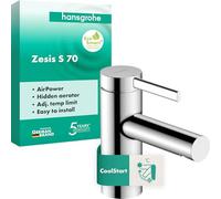 hansgrohe Zesis S - grifo lavabo sin desagüe, ahorro de energía (CoolStart), grifo monomando lavabo, altura del caño 74 mm, ahorro de agua (EcoSmart+), cromo, 74711000
