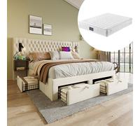 HaoChrymec Cama de Matrimonio con Terciopelo, 2 Mesitas y 4 Cajones, Beige, con Colchón