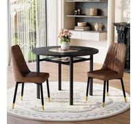 HaoChrymec Conjunto de Mesa Redonda con Vidrio y 2 Sillas, Salón, Marrón y Negro, 3 Uds