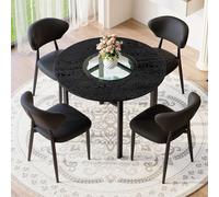 HaoChrymec Conjunto de Mesa Redonda con Vidrio y 4 Sillas de PU, Comedor, Negro, Set de 5