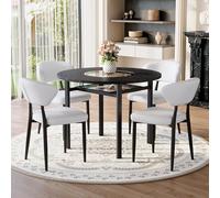 HaoChrymec Conjunto de Mesa Redonda de MDF y Vidrio, Comedor y Salón, Negro y Blanco, 5 Piezas