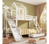 HaoChrymec Litera Infantil de Madera y Metal, Cama Casita con Tobogán, Blanco, 90/140x200 cm