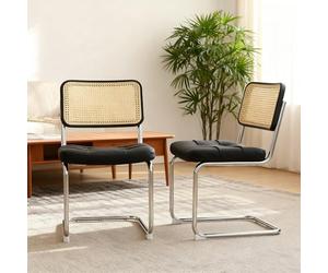 HaoChrymec Sillas de Comedor de Cuero Sintético y Ratán, Estilo Breuer, Negro, Pack de 2