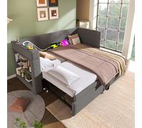 HaoChrymec Sofá Cama de Algodón y Lino con Cama Nido, USB y Portavasos, Gris, 90x190 cm