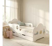 Happy Babies Cama infantil con protección anticaídas para niños, 160 x 80 cm, para habitación infantil, con cajón, colchón individual, color blanco, pegatinas, peces (N° 413)