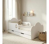 Happy Babies Cama infantil con protección anticaídas para niños, 160 x 80 cm, para habitación infantil, con cajón, colchón individual, blanco, pegatinas, peces (N° 00)