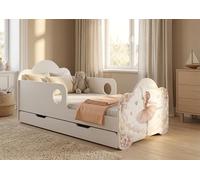 Happy Babies Cama infantil con protección anticaídas para niños, 160 x 80 cm, para habitación infantil, con cajón, colchón individual, color blanco, pegatinas, peces (N° 430)