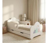 Happy Babies Cama infantil con protección anticaídas para niños, 160 x 80 cm, para habitación infantil, con cajón, colchón individual, color blanco, pegatinas, peces (N° 416)