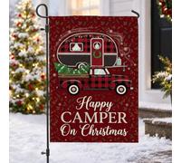 Happy Camping Christmas Quote Truck Garden Flag 12 x 18 pulgadas | Buffalo Plaid, bandera de patio, campamento de invierno, corona de vacaciones, decoración de temporada al aire libre
