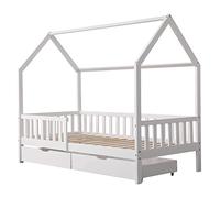 Happy Garden Cama cabaña 190x90 cm Blanco Marceau, Marco de Cama de Madera Maciza de Pino con somier de Listones, Barras de Seguridad y Dos Grandes cajones de Almacenamiento