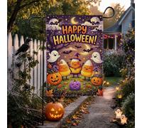 Happy Halloween Candy Corn Characters Garden Flag 12 x 18 pulgadas | Fantasmas sonrientes, bandera de patio, linternas talladas, fondo de noche estrellada, ilustración fantástica