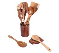 Happysnow 9 Cucharas de Madera para Cocinar con Soporte, Juego de Utensilios de Cocina de Teca