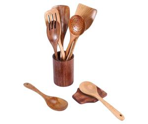 Happysnow 9 Cucharas de Madera para Cocinar con Soporte, Juego de Utensilios de Cocina de Teca