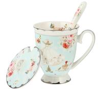 Happyyami Taza de Cerámica para Café Tapa y Cuchara, Ligera y Fácil de Llevar, Diseño Base Plana Adecuado para Oficina y Mesa
